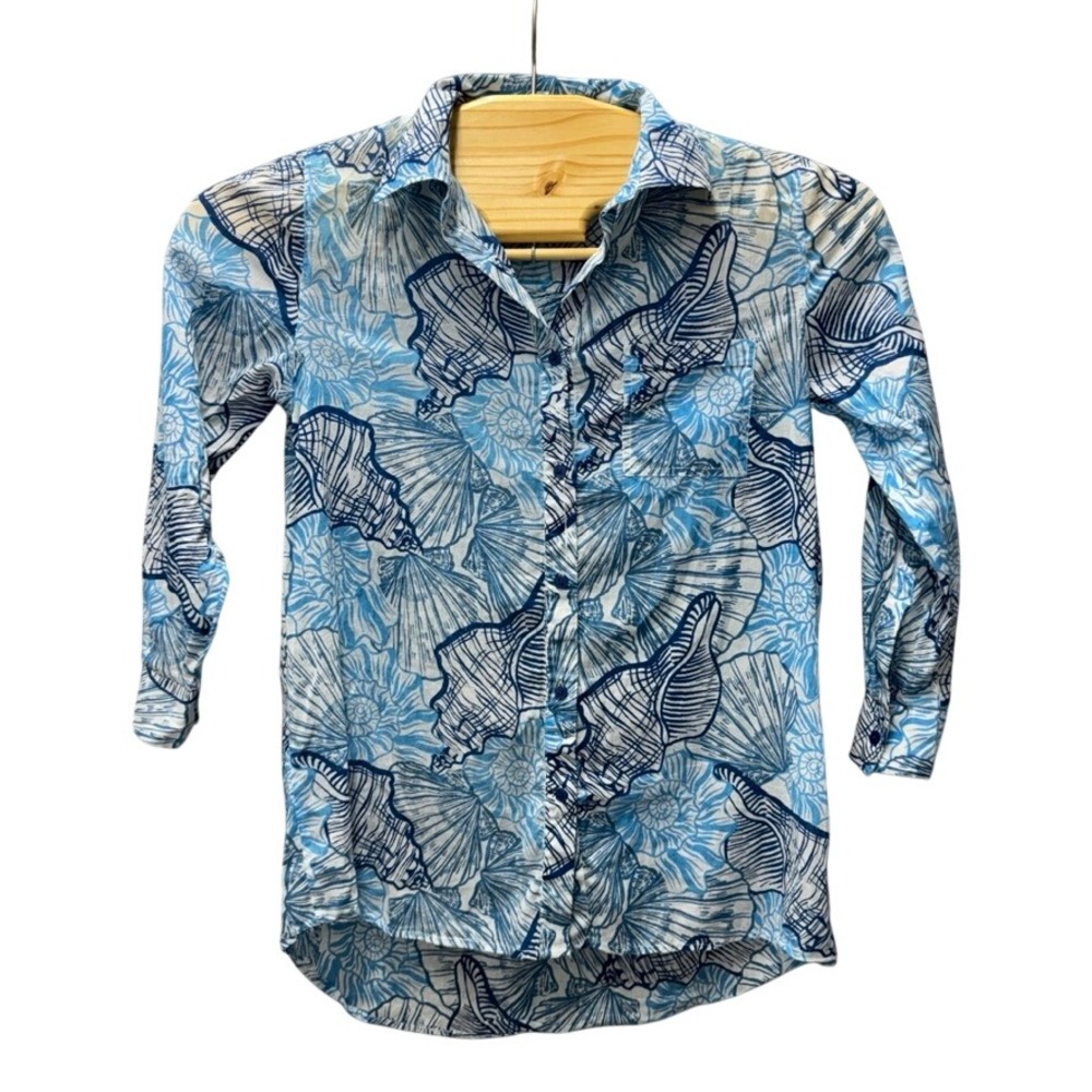 True Destinations Blue Seashell Print Cotton Button Front Shirt XS Nautical